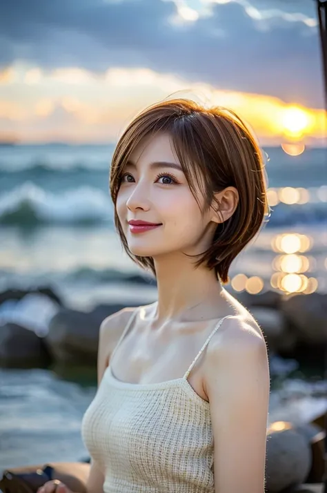 (Realistic, 超Realistic:1.4), 16K HDR, High resolution,((Whiskey Glass)),((Whiskey Bottle)),((Whiskey Glass)),Happy smile、short hair,The best smile、Japanese actress,so beautiful(It looks like the real thing),Evening Dresses,Cocktail Dresses、Whiskey Bottle、T...