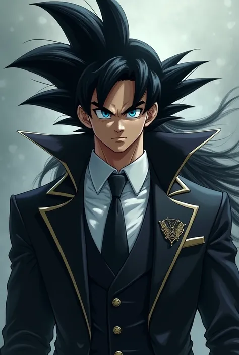 goku with blue eyes, black hair, Long hair, masterpiece, with formal suit Hood, 