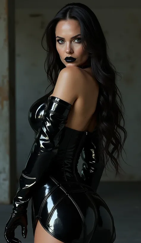 Angelona jolie, latex, brillant, uniforme militaire latex, talons aiguilles vinyle militaire, visage méchante sévère, considérer le mal, bouche noir brillant, eyeliner noir, corset en latex.