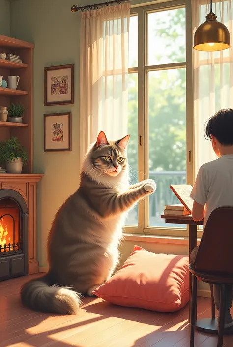 a large maine coon cat grooming itself in the sunlight streaming through the windows of a cozy retro-style cat cafe, with a cat-shaped cushion in front of a fireplace and customers reading books and interacting with the cats, rendered in a soft, watercolor...