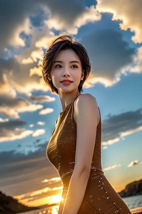 (Realistic, 超Realistic:1.4), 16K HDR, High resolution,((Whiskey Glass)),((Whiskey Bottle)),((Whiskey Glass)),Happy smile、short hair,The best smile、Japanese actress,so beautiful(It looks like the real thing),Evening Dresses,Cocktail Dresses、Whiskey Bottle、T...