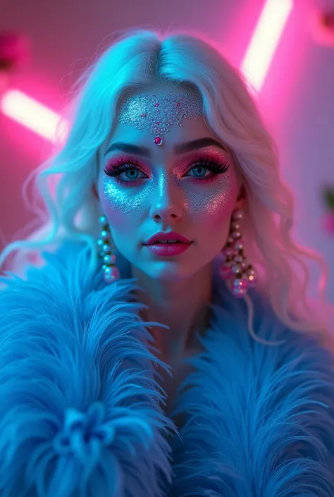 "Lord Radha is a striking image of platinum blonde hair set in a neon-lit environment with flashes of pink and blue, adorned with soft florals. The makeup is bold and artistic, including dramatic, shimmering eye makeup with bright glitter on the lips and l...