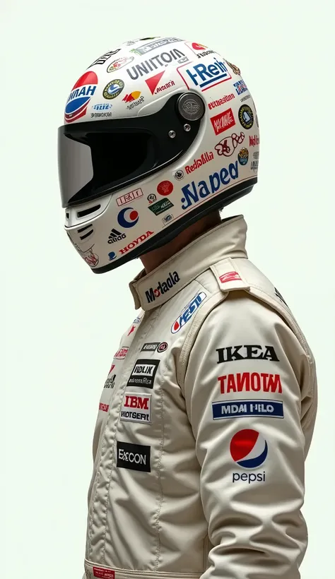 live-action、Real、Matte off-white retro racing suit、ヘルメットにはsponsorのステッカーがたくさん貼られている、sponsor:Nike.UNIQLO.coca-cola.Sony.Apple.google.Microsoft.Amazon.YAMAHA.Honda.REDBULL.PEPSI.visa.adidas.burugerking.IKEA.Netflix.IBM.Toyota.PlayStation.Kodak.、Upper body clo...