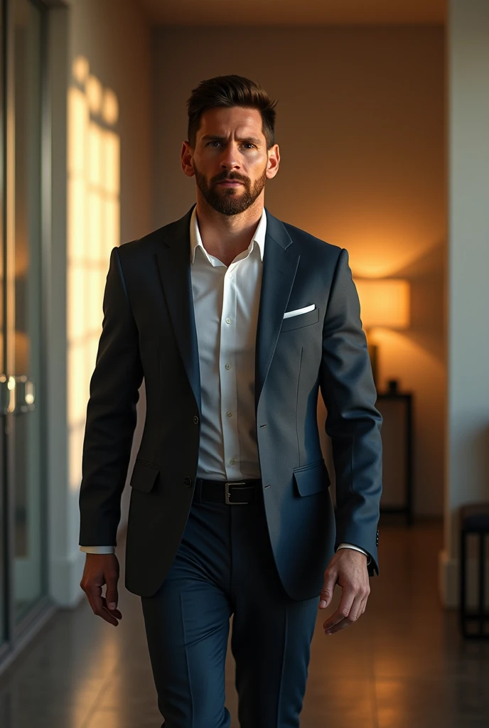 a messi entering a room, 1 man, detailed facial features, beautiful detailed eyes, beautiful detailed lips, extremely detailed face, longeyes, handsome, confident expression, elegant suit, entering an office room, sunlight streaming through windows, interi...