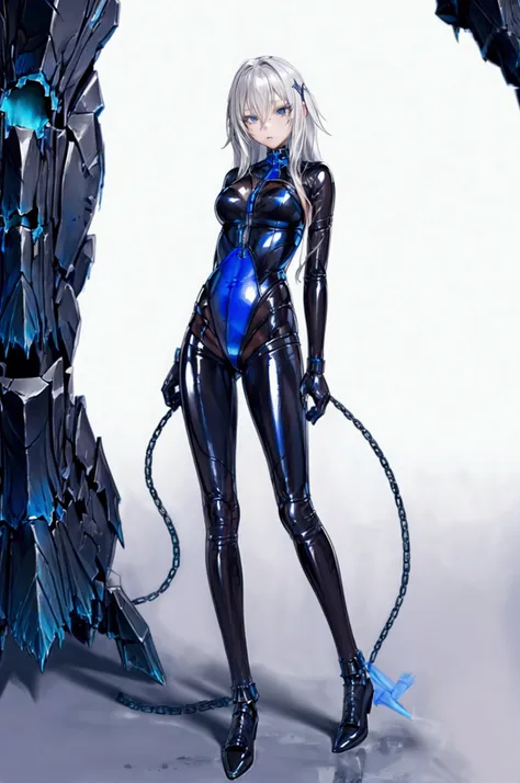 perfect body, perfect anatomy, beautiful anime girl,standing, looking at the viewer,full body blue prisoner rubber latex jumpsui...