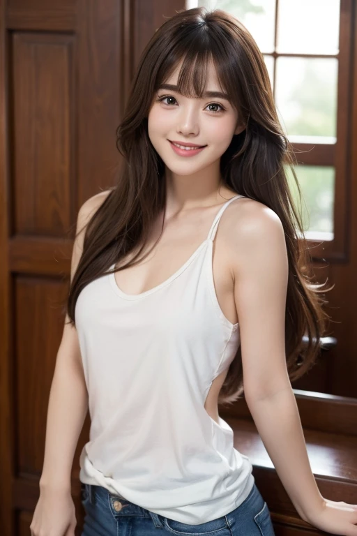 High resolution, Long Hair, chest, bangs, Brown Hair, smile, Cute Jeans、Tank tops、