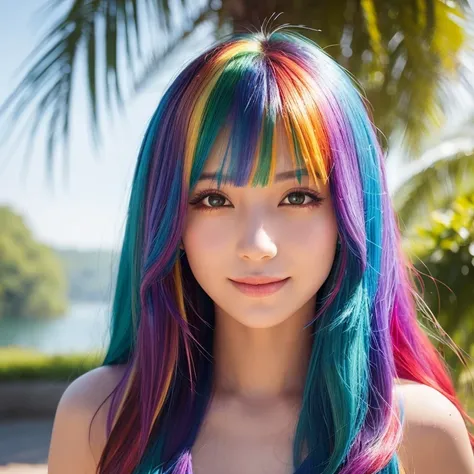 A stunning woman with long, flowing rainbow-colored hair, facing forward with a confident and serene expression. Her vibrant hair, blending shades of red, orange, yellow, green, blue, indigo, and violet, glows brightly under the direct sunlight, creating a...