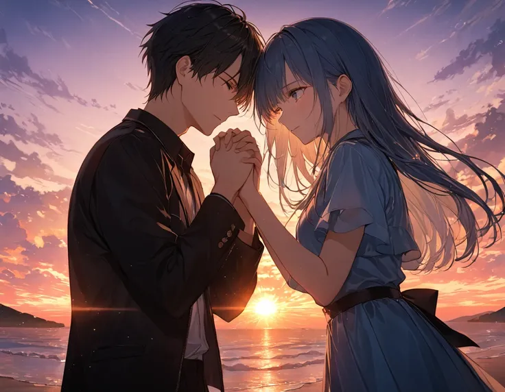 anime、((Amazingly absurd)),(masterpiece:1.2),超High resolution, Attention to detail, high quality, High resolution, 最high quality, 4K, 8k、One Couple,The two of them face each other,Matching outfits,Put your hands together,cry,Split down the middle,Divided b...