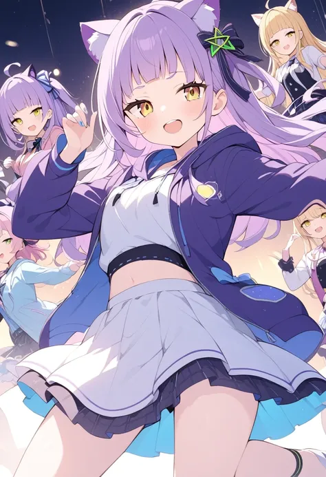 Shion Murasaki、Hololive、Purple Hair、Yellow Eyes、Cat ears、Hooded parka、Idol、dance、sing、Distributor、