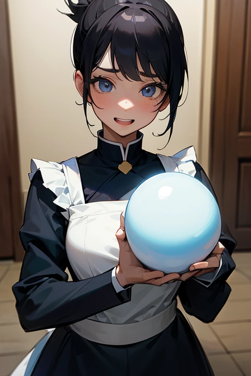 (Highest resolution clear_image) Best Quality, single, One Woman, Alone, Masterpiece Highly detailed, Somewhat realistic, Black Hairのショートヘア, Black Hair, bangs, 1, Mature, light blue Uniform, Uniform, Indoor Background, kind, Authoritative, Powerful, Exquis...