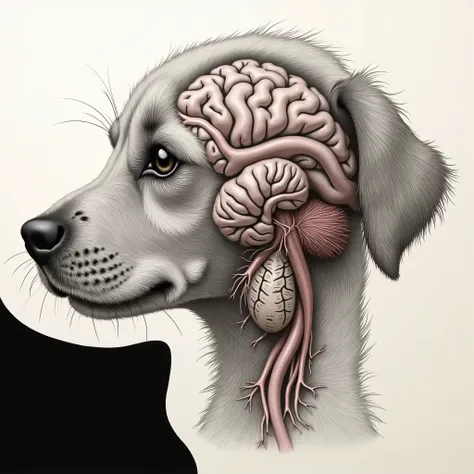 a penciled silhouette of a  puppy dog, in which you can clearly see the heart, which is connected to the brain. Ультра детализация, хорошое качество.