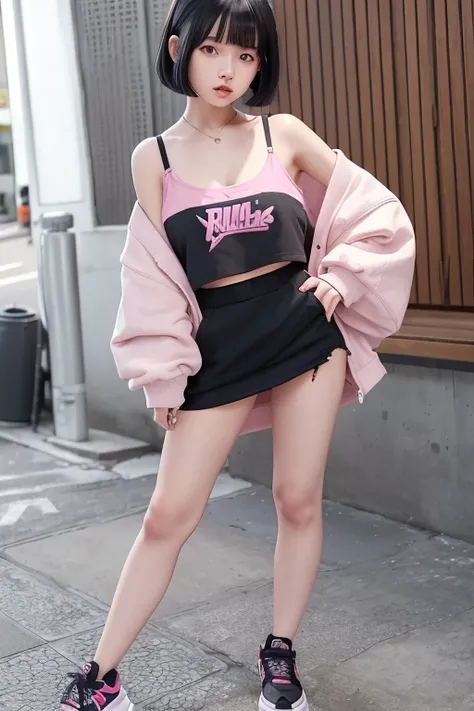 One Girl，Black Hair，Asymmetrical Bob Princess Cut，Off-the-shoulder damaged hoodie，punk mini skirt，Wearing sneakers,Short、Standing so that your head and shoes are visible、Too much exposed skin、Young、Off-the-shoulder pink、Accentuating her D-cup breasts、Very ...