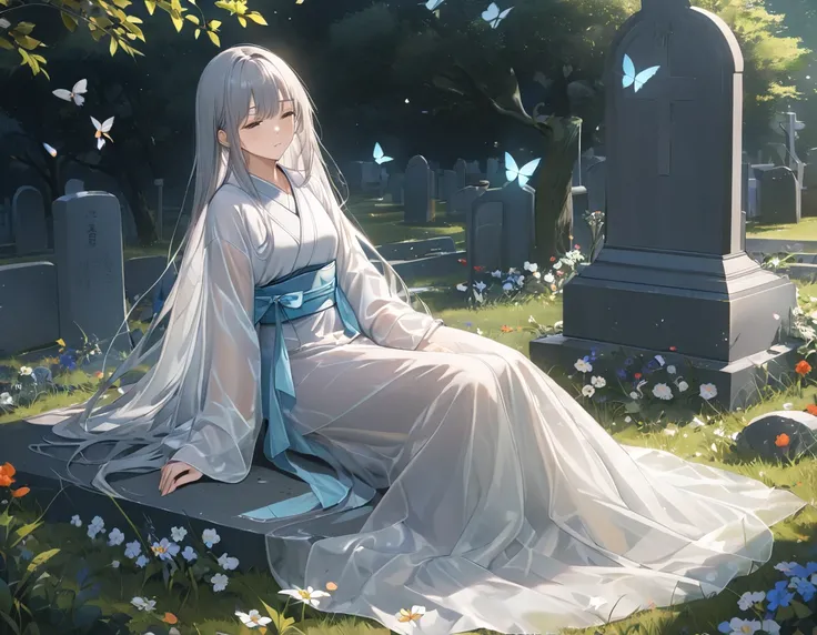 anime、((Amazingly absurd)),(masterpiece:1.2),超High resolution, Attention to detail, high quality, High resolution, 最high quality, 4K, 8k、One woman,sitting at the grave,Translucent Woman,Already dead,Japanese style grave,A single flower,Sad face,Long Hair,B...