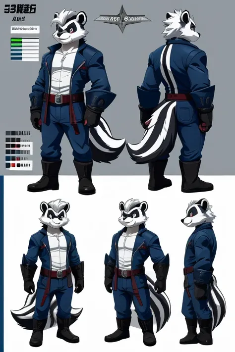 Character design, character sheet, hi-res, good graphics, great anatomy, anatomically correct, detailed body, anime, cartoonish. John(male, 54, skunk(anthro/furry), garbageman)