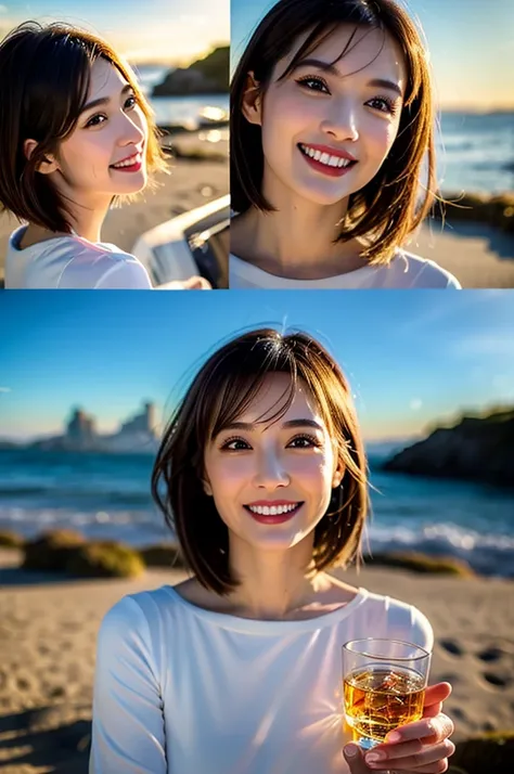 (Realistic, 超Realistic:1.4), 16K HDR, High resolution,((Whiskey Glass)),((Whiskey Bottle)),((Whiskey Glass)),Happy smile、short hair,The best smile、Japanese actress,so beautiful(It looks like the real thing),Evening Dresses,Cocktail Dresses、Whiskey Bottle、T...