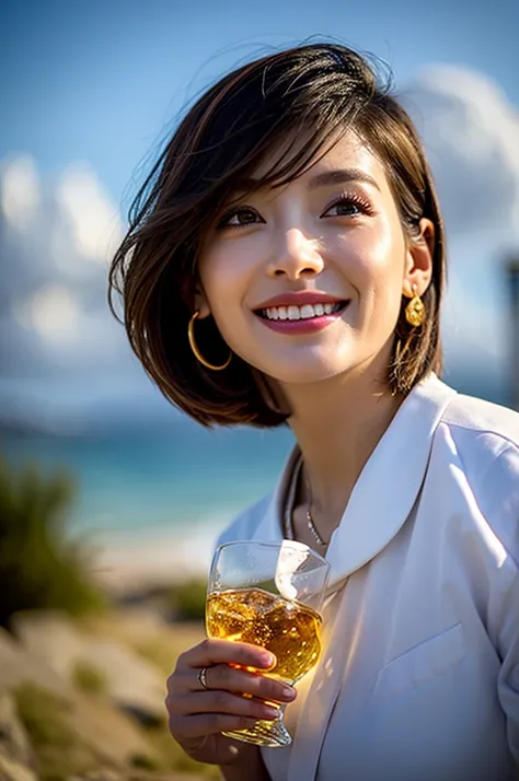 (Realistic, 超Realistic:1.4), 16K HDR, High resolution,((Whiskey Glass)),((Whiskey Bottle)),((Whiskey Glass)),Happy smile、short hair,The best smile、Japanese actress,so beautiful(It looks like the real thing),Evening Dresses,Cocktail Dresses、Whiskey Bottle、T...