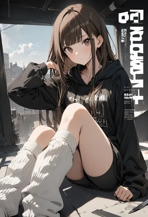 cover of a fashion magazine,(1girl,slim,small breasts,long brown straight hair,side bangs,slope_eye),(black hoodie,loose socks),...