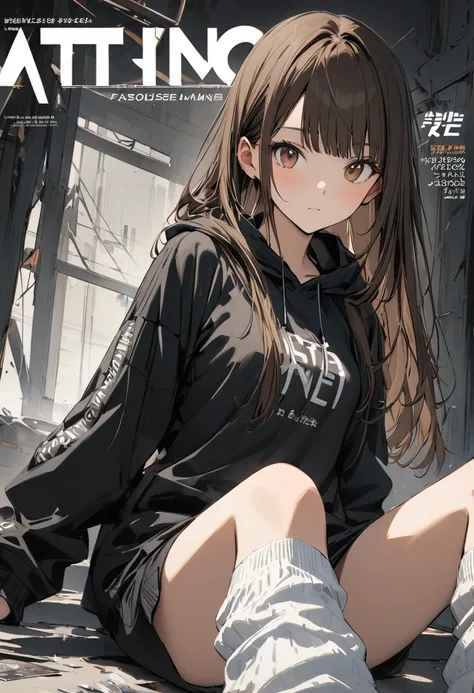 cover of a fashion magazine,(1girl,slim,small breasts,long brown straight hair,side bangs,slope_eye),(black hoodie,loose socks),...