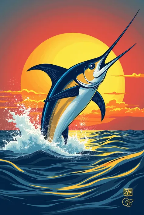 Marlin leaping out of the water with the sunset in the background., Vector art by Gabor Sikszai, shutterstock, Under the artwork, SF, Logo with illustration, Official art image, Chicano spray painting art, tShirt design, t Shirt design, SSSS., Shirt design...