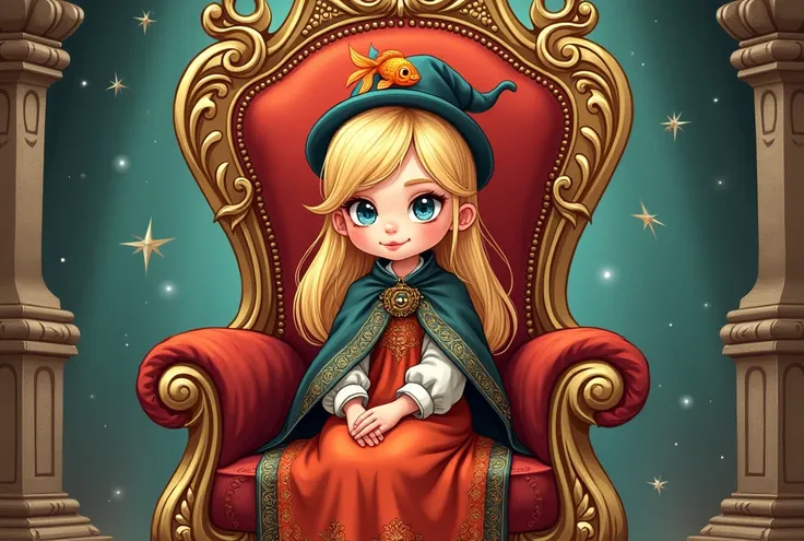 Illustration for the book, masterpiece, style: Slavic fantasy, a comic, fairy tale, Animation; cute fair-haired naughty girl in a leisurely pose on the throne sits cute fair-haired naughty girl 5- of Slavic appearance in an ethnic Slavic sarafan with a roy...