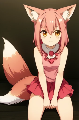 A fox girl with pink fox ears and tail.