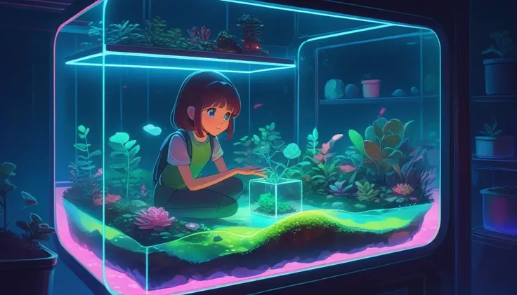 a girl look A square rounded edged terrarium, hall full of warter, with a rock inside, metalic neon lights