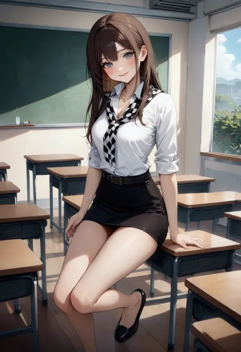 beautiful fashion model student, smiling, posing at classroom, she has black long straight hair (+forehead, side parted hair), wearing white half sleeves collared shirt, black and white checkered scarf,  black pencil mini skirt white black belt, black flat...