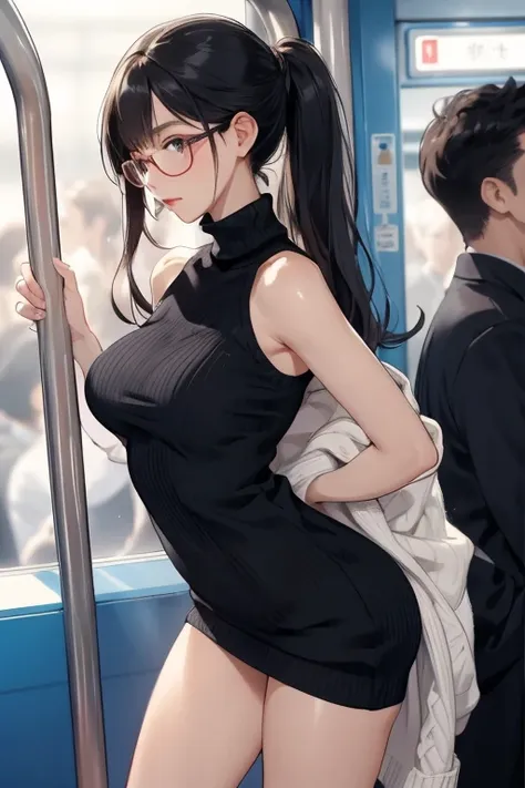 ((best quality)), ((masterpiece)), (detailed), a woman looking to the side，nsfw1.9,in a crowded train,横向きの身bodyでこちらを見る,beautiful...