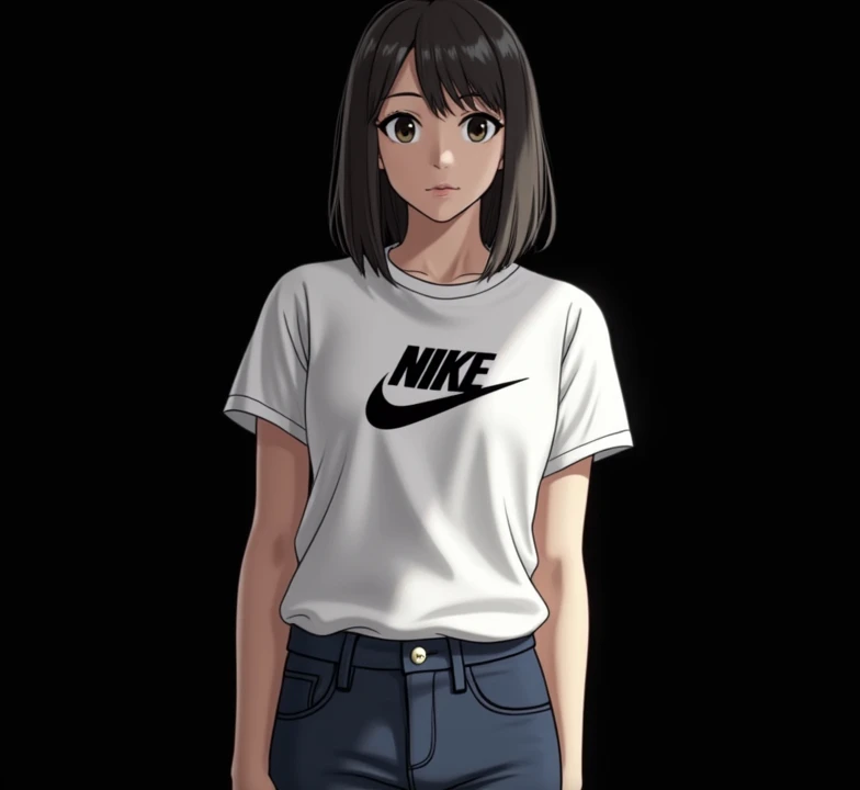 The girl gets on all fours、Wearing a Nike T-shirt and jeans、A man touches her breasts