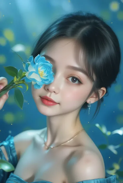 1girl, solo, short hair, simple background, brown hair, black hair, holding, jewelry, collarbone, closed eyes, flower, Flowers placed in front of one eye,earrings, parted lips, choker, artist name, necklace, lips, eyelashes, makeup, rose, watermark, blue b...