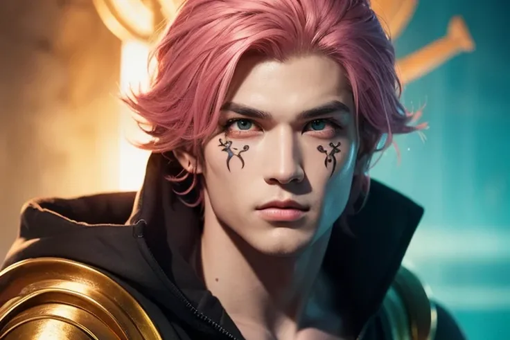 Strong man, Short pink hair, Short beard, Has orange eyes, Underwater, All have black tattoos, Holding a golden trident, Realistic drawing style, Focus on the face