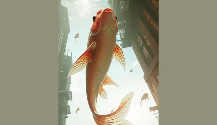 Goldfish, A city in an aquarium, giant goldfish swim among the buildings against a blue sky, ((masterpiece, highest quality, Highest image quality, High resolution, photorealistic, Raw photo, Extremely detailed CG unified 8k wallpaper)), (Huge and stunning...