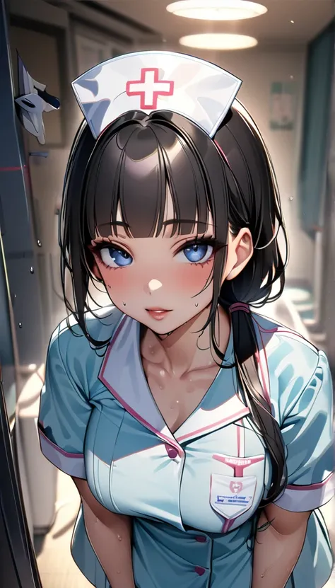 ((Highest quality, 8k, The pieces fly: 1.3)), beauty, One Japan, nurse, whole body, Perfect Anatomy, Are standing, Black Hair, Blunt bangs, Low ponytail, 20-year-old, Face Focus, Detailed face, Highly detailed lips, Beautiful Eyes, Sweaty skin: 1.2, nurse ...