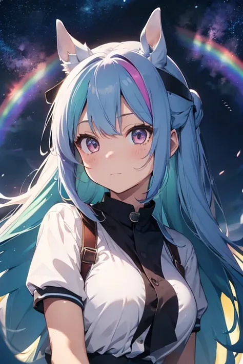 Horse Girl、Horse ears on head、Rainbow hair colour、Gradient hair texture、Long Hair、Rainbow Eyes、whole body、Cute expression、