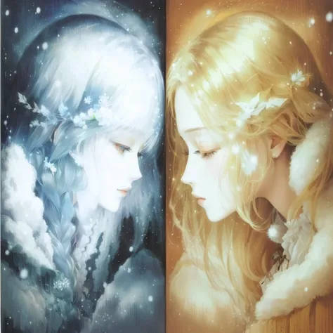 painting of two women Facing each other with snow falling down, Beautiful Geminiの善と悪, Facing each other, Beautiful Gemini portrait, Beautiful Gemini, I can see both faces, Gold and silver colors, Amano and Karol Baque, Sirius A and Sirius B, Romanticism ar...