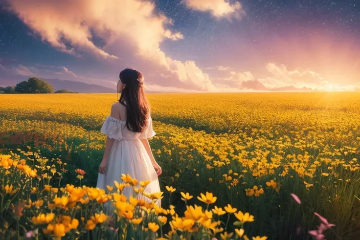 There is a girl standing in a flower field looking up at the sky, a girl standing in a flower field, a girl walking in a flower field, lost in a dreamy wonderland, standing in a flower field, fantastic digital painting, the sky gradually clears, the starry...