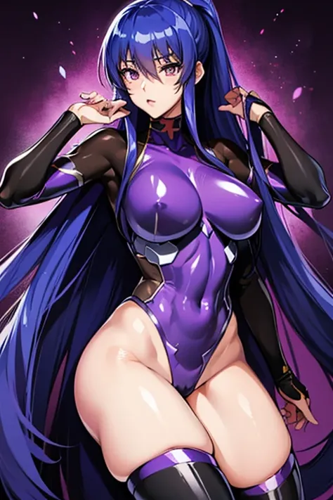 Rinko Akiyama from TaimaninRPGX, bluish purple hair, absurdly long hair, hairs between eyes, high ponytail, purple eyes, purple rinkos taimanin suit, anime colored