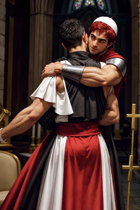 A Leo Ferdinand wearing a fitted sleeveless red and white see-through body-hugging Roman Catholic papal cassock armor, looking at the audience, The expression of peace and justice, Dynamic poseBREAK St. St. Peter&#39;s Basilica, Holy See, Breaking Heroes, ...