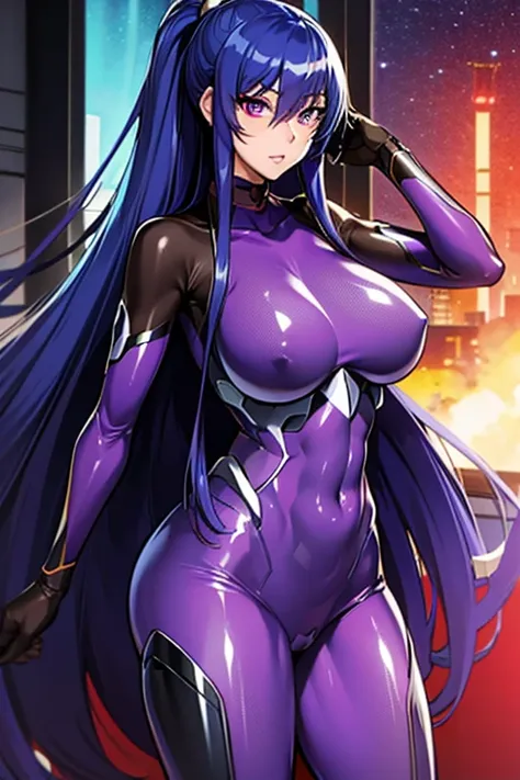 Rinko Akiyama from TaimaninRPGX, bluish purple hair, absurdly long hair, hairs between eyes, high ponytail, purple eyes, purple rinkos taimanin suit, anime colored