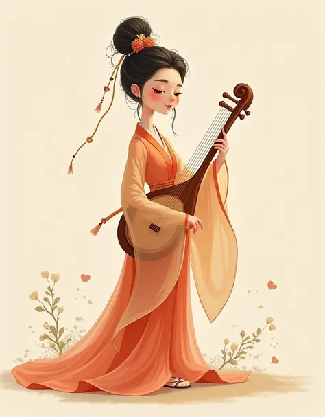 Classical charm，Modern Interest，A Q version girl of a Tang Dynasty lady，Cartoon Style，dignified，Beautiful Tang Dynasty Clothing，Playful，lively，Light beige background，Warm and soft，A string instrument，Guzheng，Elaborate bun，Transparent gauze dress，Artistic a...