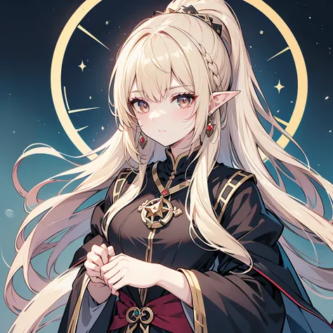 Eye patch、、Witch costume、elf、grimoire、magic circle、A look that seems to be relaxed、Long Hair, chest, Blonde, ponytail, Pointy Ears, Highest quality, Snap your fingers、One Woman, Detailed face, Soft Lighting, Soft Light, Soft Focus, Perfect Face, Beautiful ...