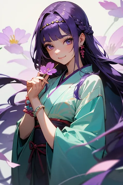 1 person, Straight bangs braid, Big Sleeves, Hair Accessories,Obi says, (Purple Hair:1.2), Very long hair, Looking at the audience with straight hair, Detailed Background, (Realistic:1.2), Beautiful Eyes, Red eyeshadow, thigh, (Urzan-6500:0.7), Upper Body(...