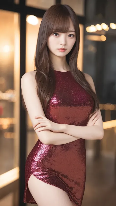 1girl,(wearing a red glittery evening mini dress:1.2),(raw photo, best quality), (realistic, photo-realistic:1.4), masterpiece, ...