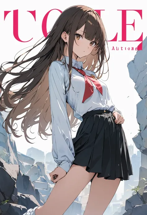 (cover of a fashion magazine),(favorite posing),(1 Highschool gal,uniform,slim,small breasts,long brown straight hair,Side bangs,Slope_eye),(loose socks),break,conceptual art, masterpiece, Super Detail, Attention to detail, high quality, highest quality, H...