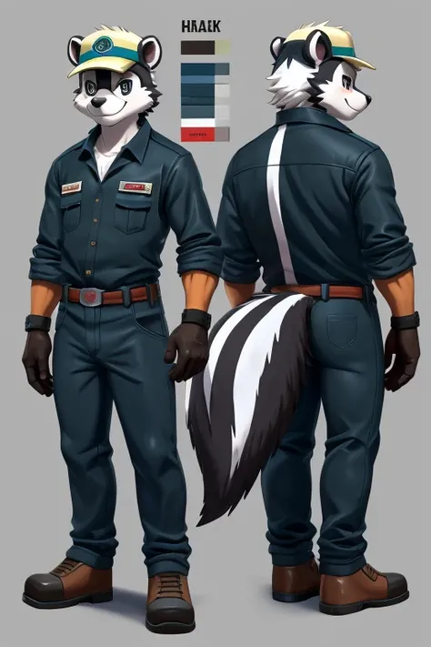 Character design, character sheet, hi-res, good graphics, great anatomy, anatomically correct, detailed body, anime, cartoonish. John(male, 54, skunk(anthro/furry), garbage truck driver)