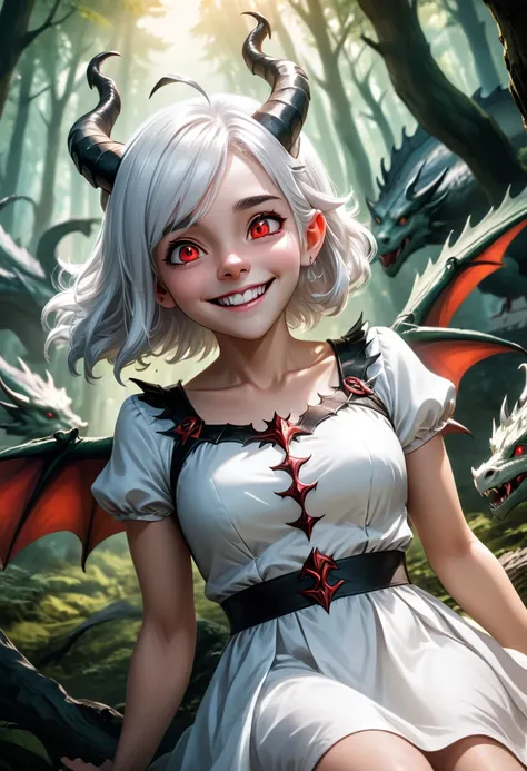 1girl, white hair, horns, beautiful smile, evil eyes, lying down, detailed face, skin tone, white dress, forest, flying dragons,...