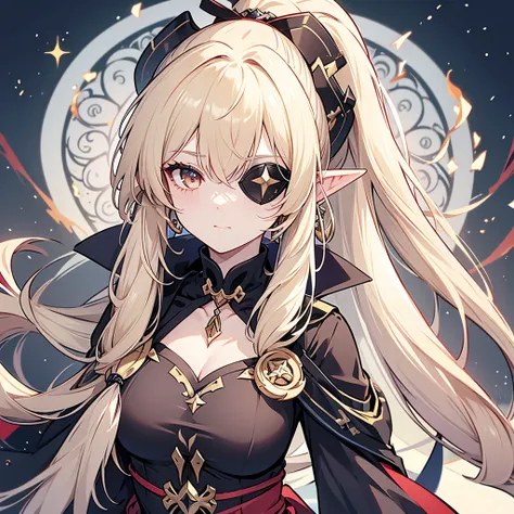 Eye patch、、Witch costume、elf、grimoire、magic circle、A look that seems to be relaxed、Long Hair, chest, Blonde, ponytail, Pointy Ears, Highest quality, Snap your fingers、One Woman, Detailed face, Soft Lighting, Soft Light, Soft Focus, Perfect Face, Beautiful ...