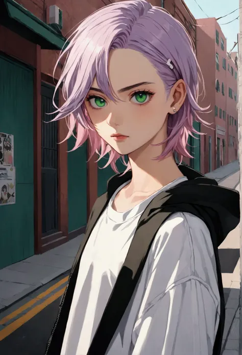 (best quality:1.4), highres, masterpiece,, 1person,, light purple hair, green eyes, flat chested, green eyes, pink hair,, detailed face, androgynous, gender neutral, streetwear, facing forward