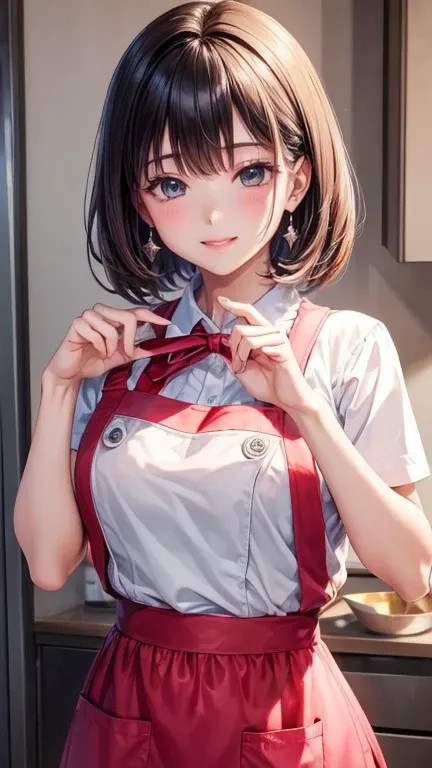 masterpiece, Best Quality, One Woman、(Best Quality, 8k, 32K, masterpieceUltra-high resolution: 1.2)、Perfect Anatomy、Short Hair、Brunette Hair、Droopy eyes、A cool smile、A flashy apron