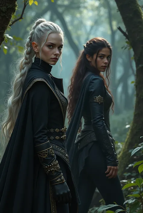 A white-skinned elf, long white braided hair, wearing a stylish black overcoat with gold trim, She has light blue eyes and is training stealth in a forest with another dark-skinned female elf., curly hair, brown eyes, This other elf wears black leather clo...